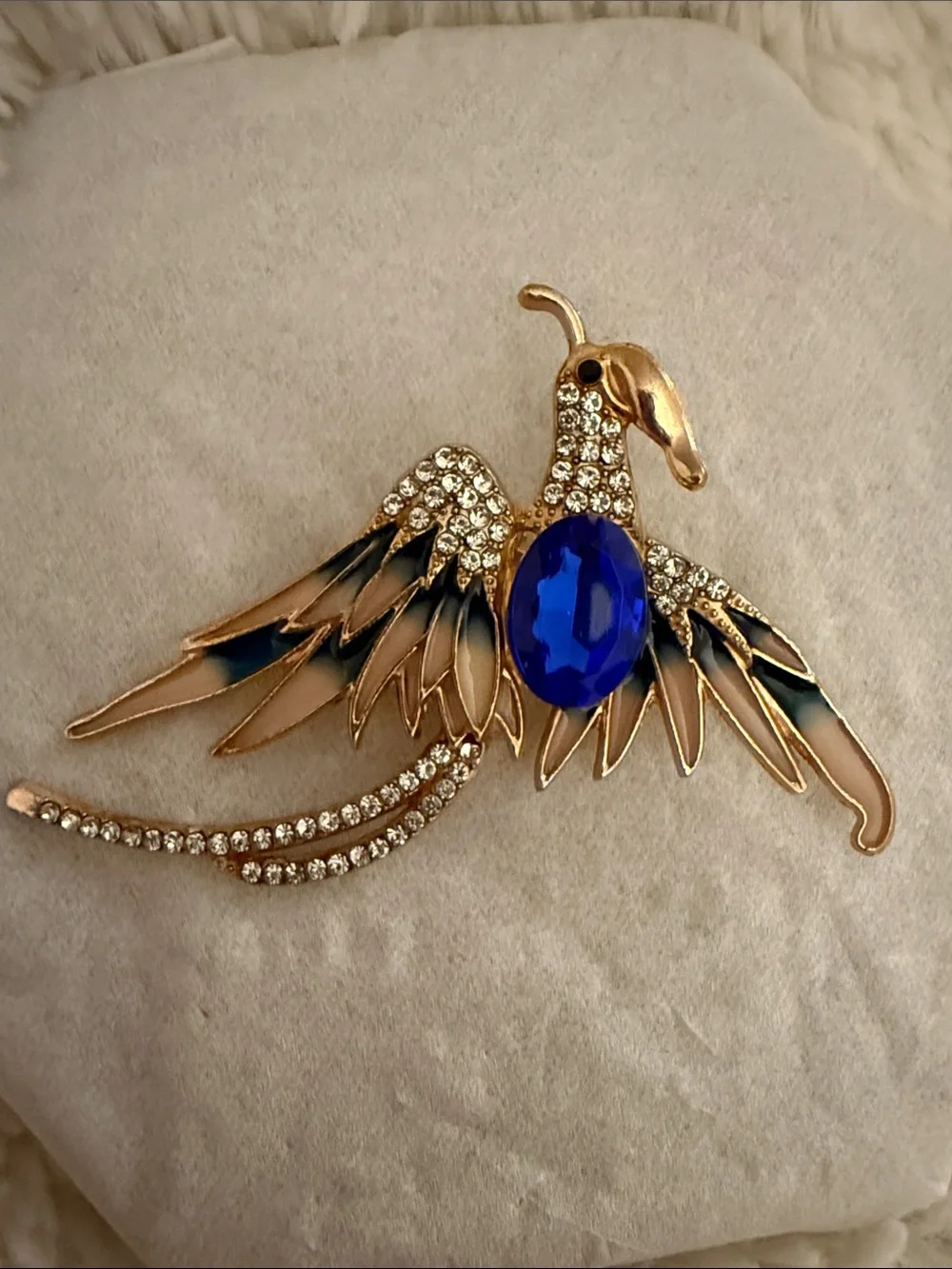 Gold-Tone Blue Crystal Bird Brooch - Rhinestone